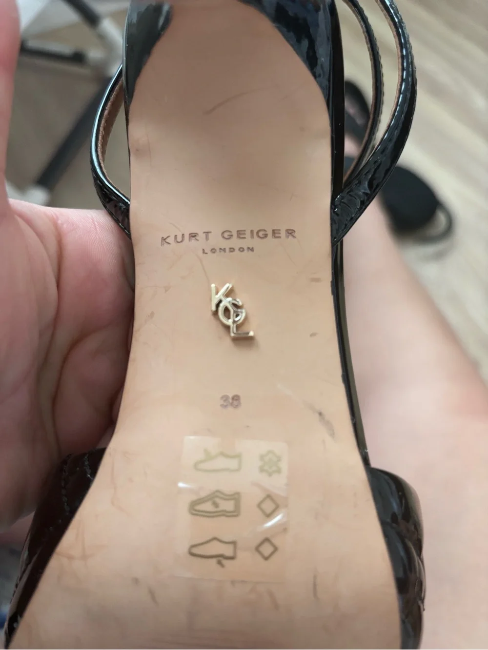 Kurt Geiger Black Patent Slingback Heels with Gold Detail